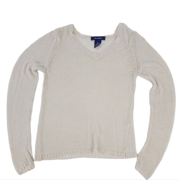 The Limited Mesh Open Knit Long Sleeve Vneck Blouse, Medium, Cream Made in Italy - Picture 1 of 4